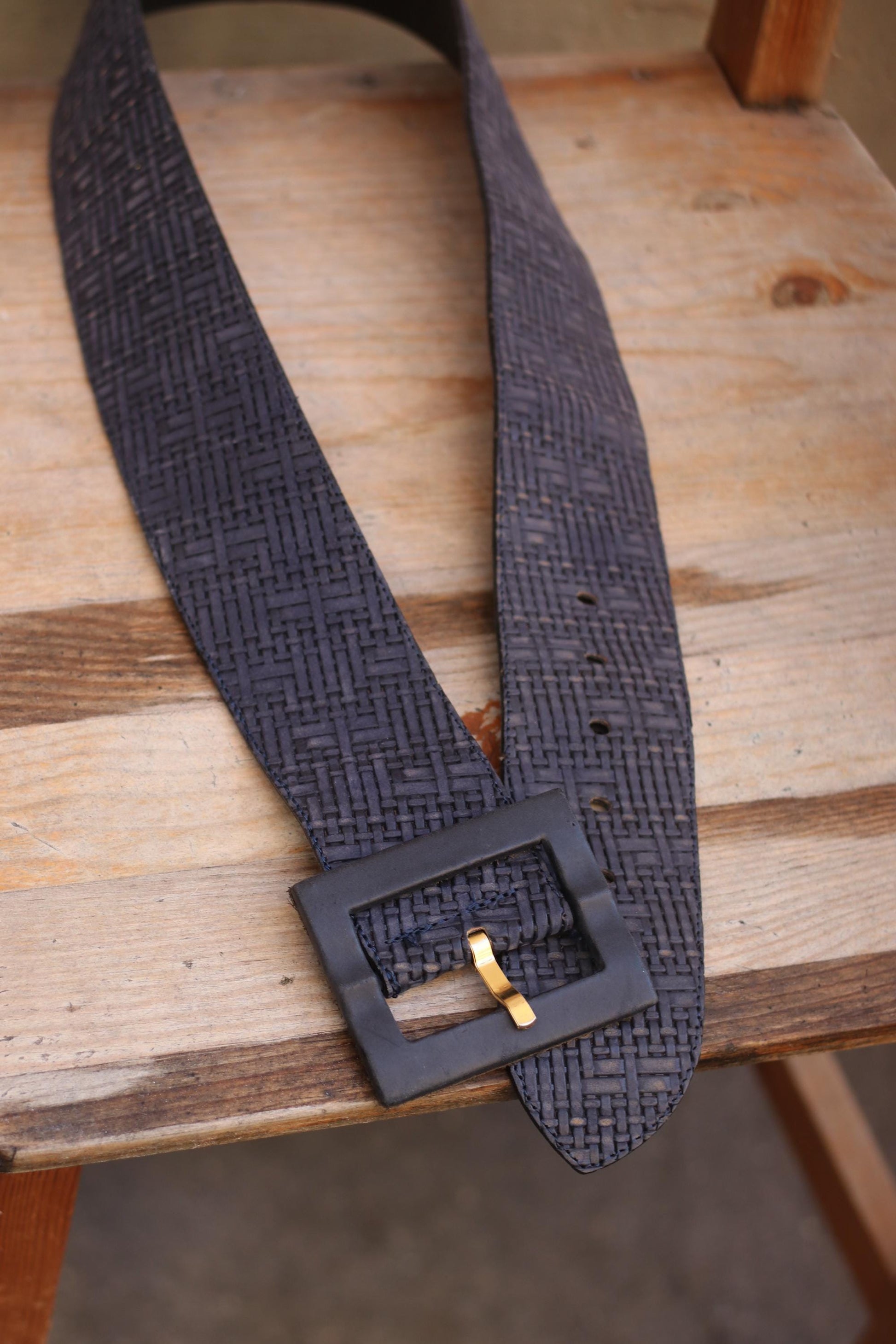 70s Blue Leather Belt with Square Buckle| Women's Vintage Oversized Waist Belt and Woven Optic Finish