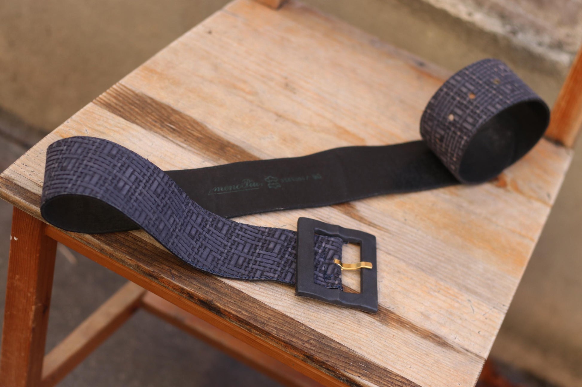 70s Blue Leather Belt with Square Buckle| Women's Vintage Oversized Waist Belt and Woven Optic Finish