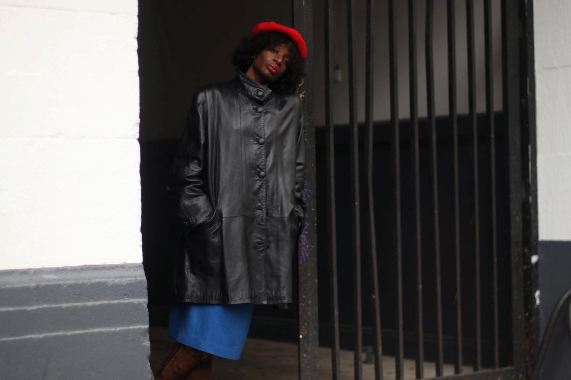 80s Genuine Nappa Leather Jacket | Vintage Women's Black Band Collar Leather Coat| Minimalist leather Trench Coat