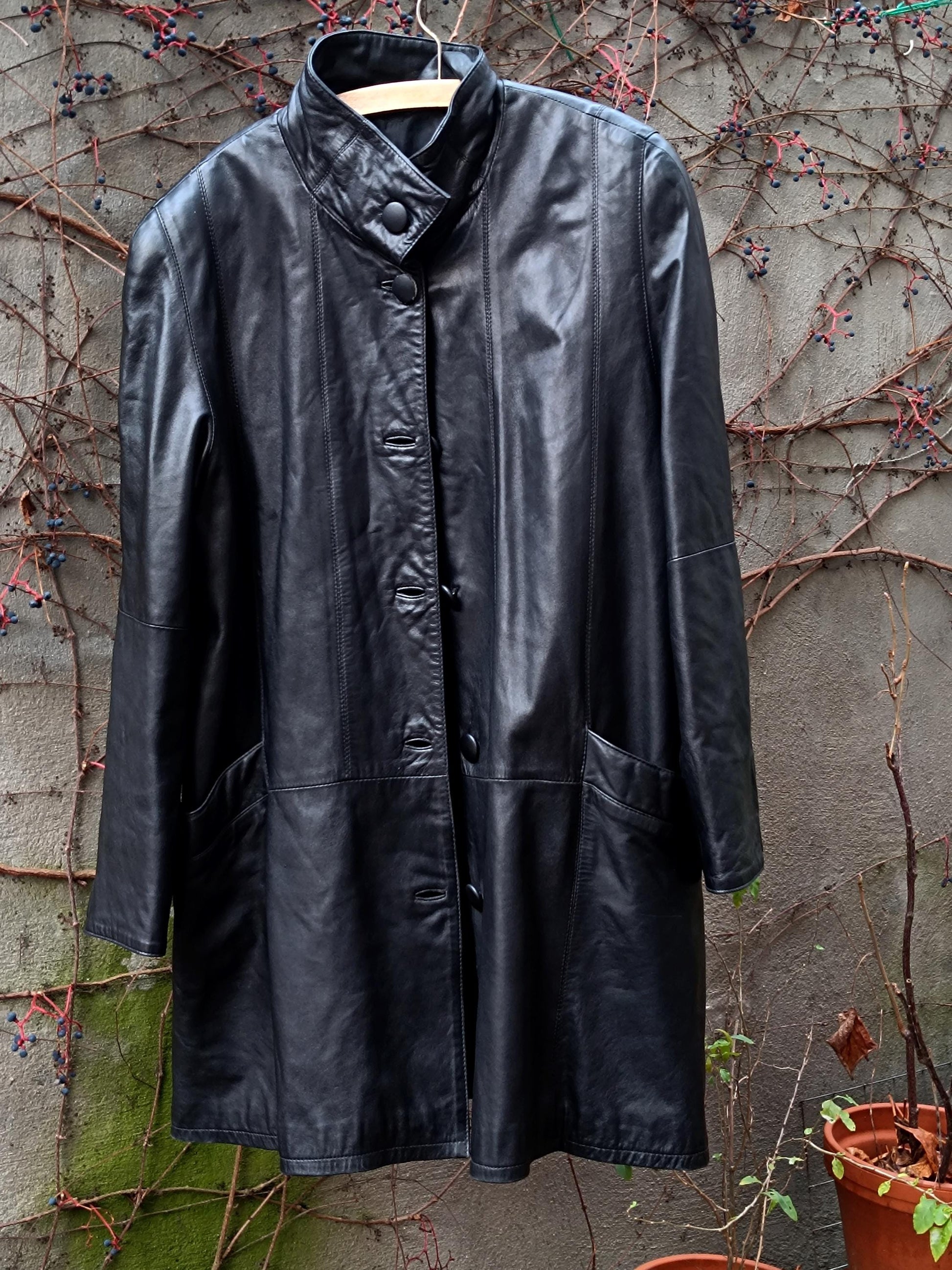 80s Genuine Nappa Leather Jacket | Vintage Women's Black Band Collar Leather Coat| Minimalist leather Trench Coat