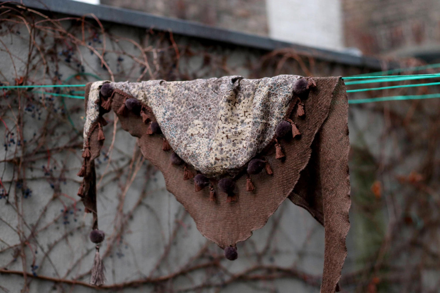 Vintage Brown Boho Tassel Shawl Pom Pom Fringe Triangle Scarf Bohemian Wrap Gypsy