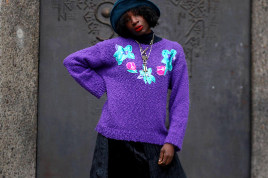 y2k Purple Floral Sweater| Vintage H&M Fuzzy Winter Knit | Women's Winter Pullover with Floral Motif