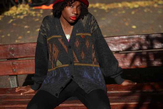 90s Crazy Print Cardigan| Vintage Women's Maximalist Winter Sweater in Black and Red