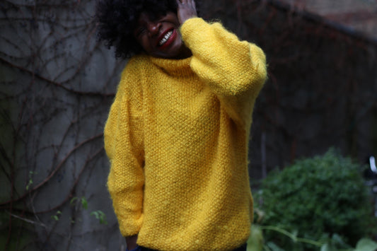70s Handknitted Sweater | Vintage Yellow Oversized Knit | Women's Retro Bold Lightweight Sweater