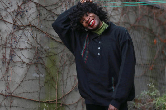 90s Preppy Black Winter Sweater| Vintage Unisex Sweater with Tartan Accent and Button-Up Neckline