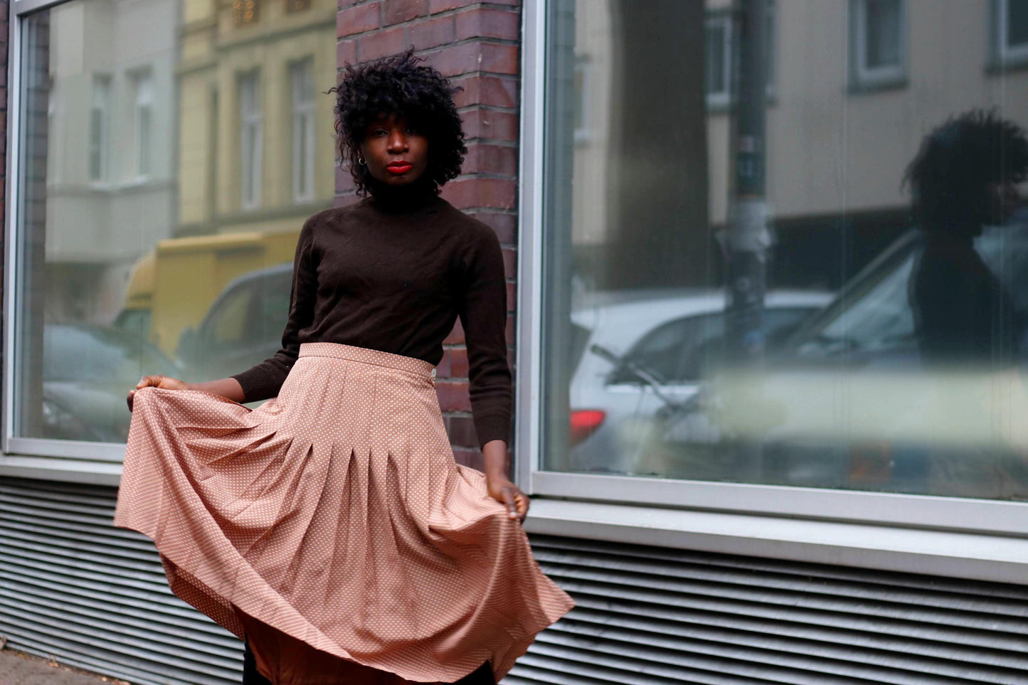80s Polka Dotted Silk Skirt | Vintage Kuhn Feminine Skirt| Women's Pleated Brown Knee-length Skirt| Minimalist Capsule Wardrobe Design