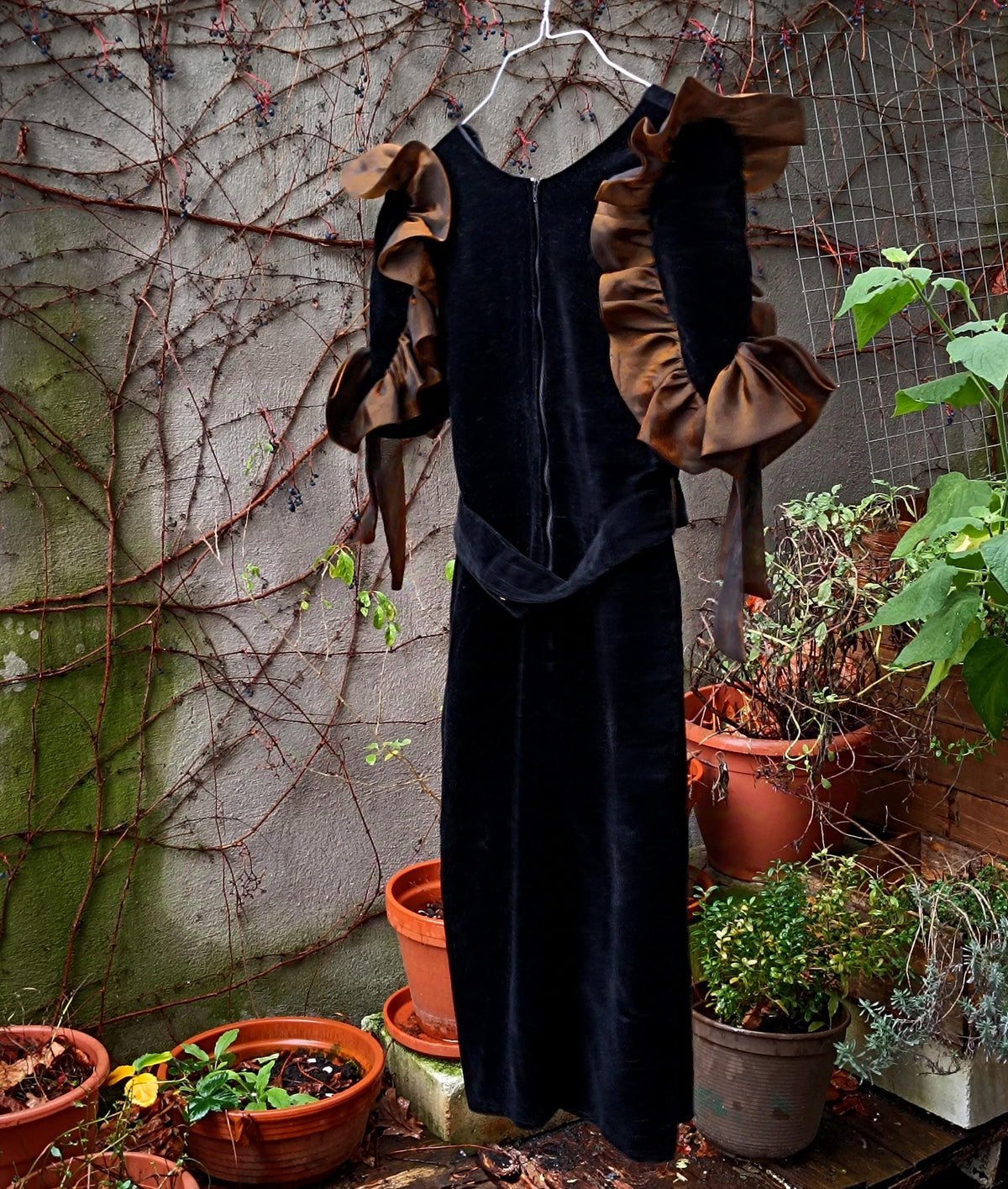 Vintage 80s Black Velvet Midi Dress - Ruffled Taffeta Trim Size XS S