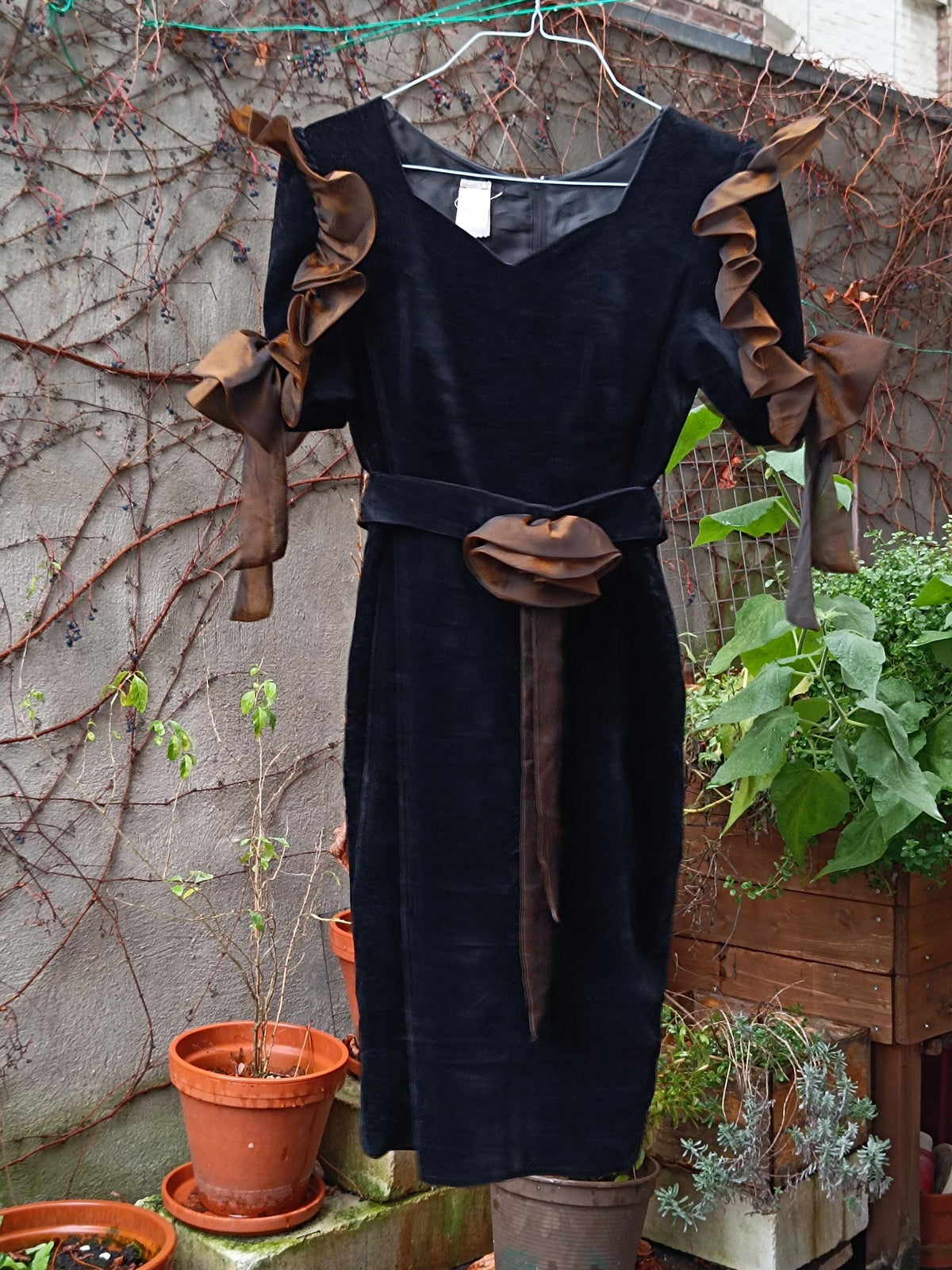 Vintage 80s Black Velvet Midi Dress - Ruffled Taffeta Trim Size XS S