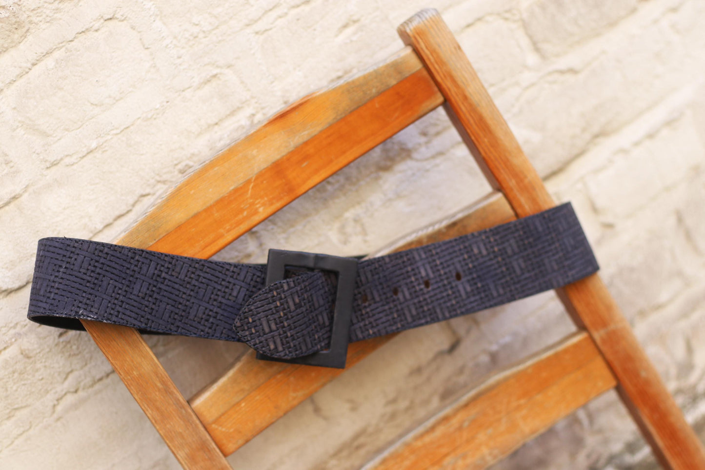 70s Blue Leather Belt with Square Buckle| Women's Vintage Oversized Waist Belt and Woven Optic Finish