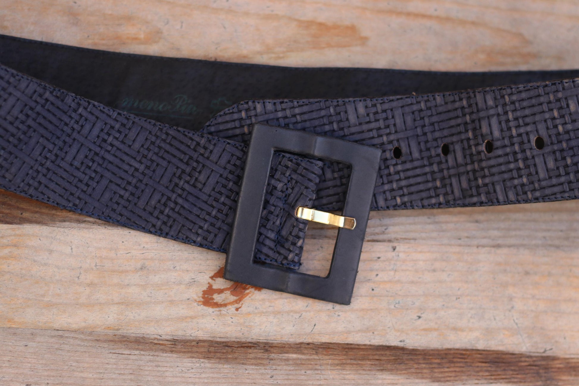 70s Blue Leather Belt with Square Buckle| Women's Vintage Oversized Waist Belt and Woven Optic Finish