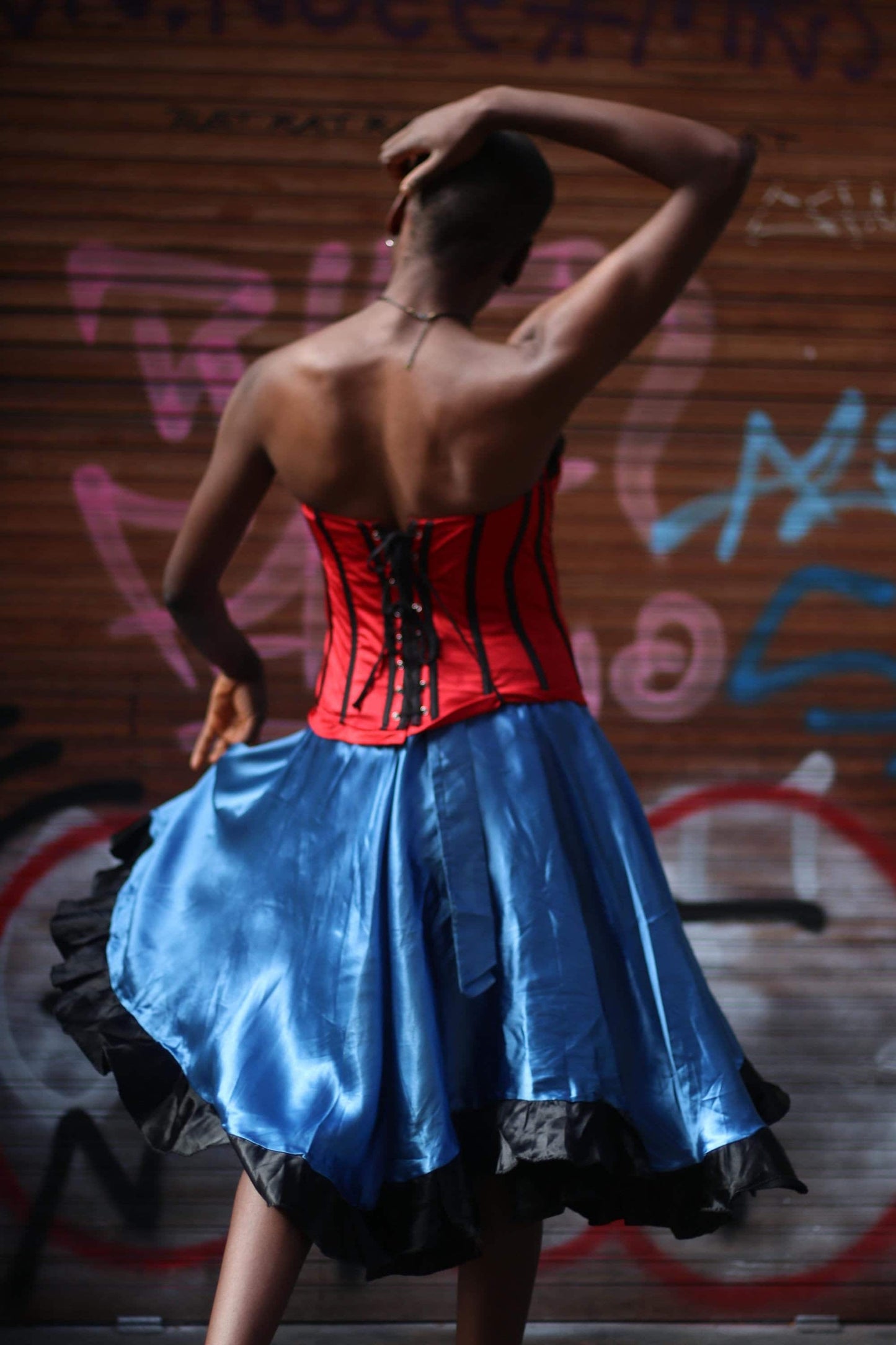 Electric Blue Satin Midi Skirt with Black Ruffle Hem – Gothic Glam Dancewear