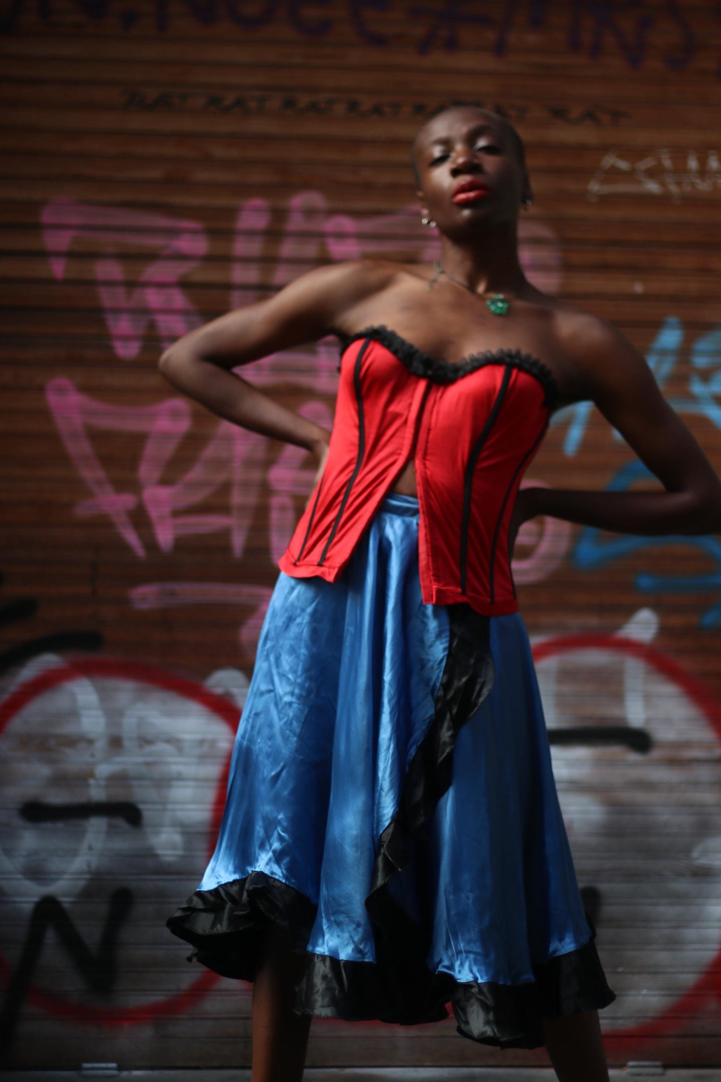 Electric Blue Satin Midi Skirt with Black Ruffle Hem – Gothic Glam Dancewear