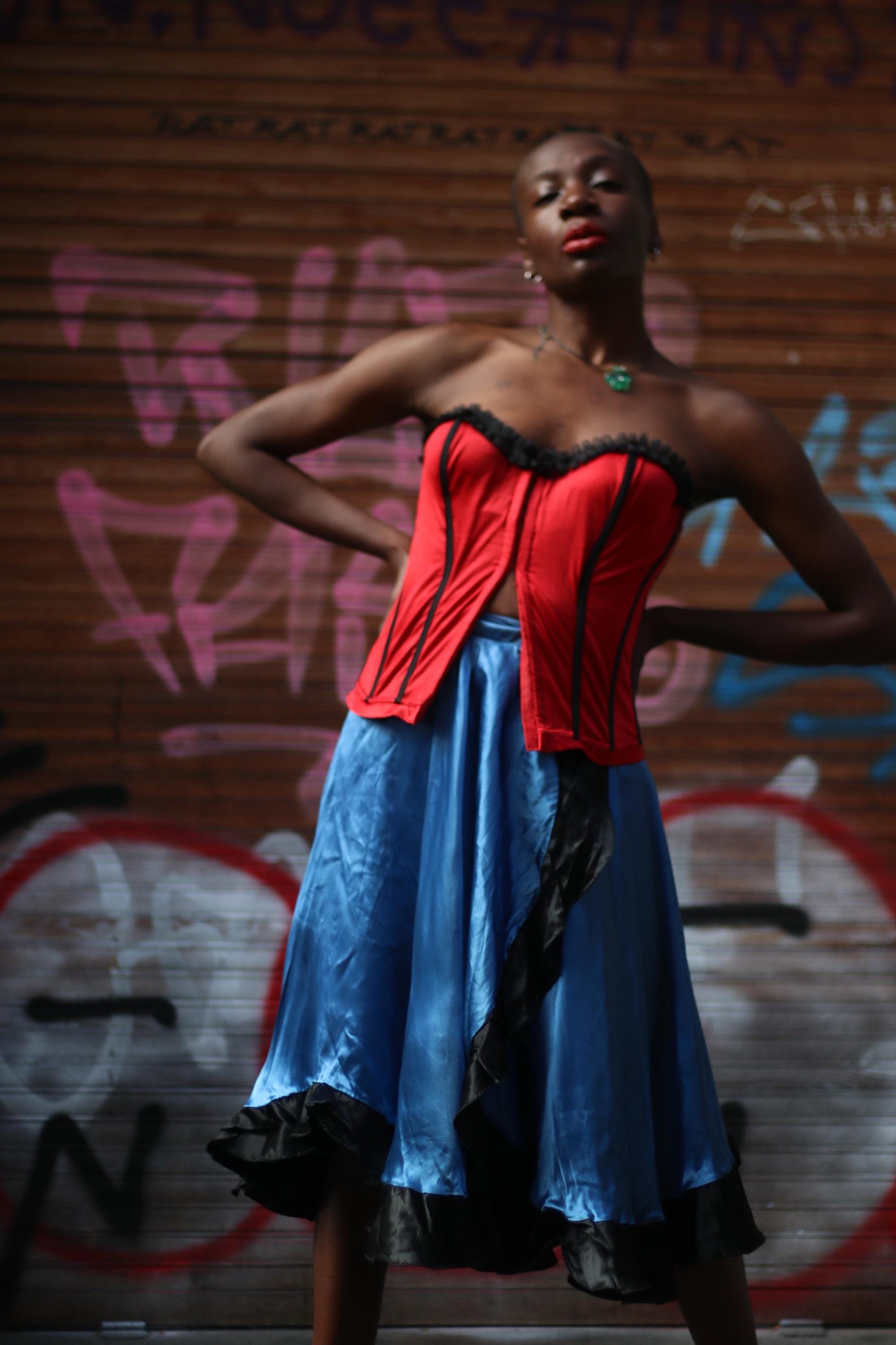 Electric Blue Satin Midi Skirt with Black Ruffle Hem – Gothic Glam Dancewear