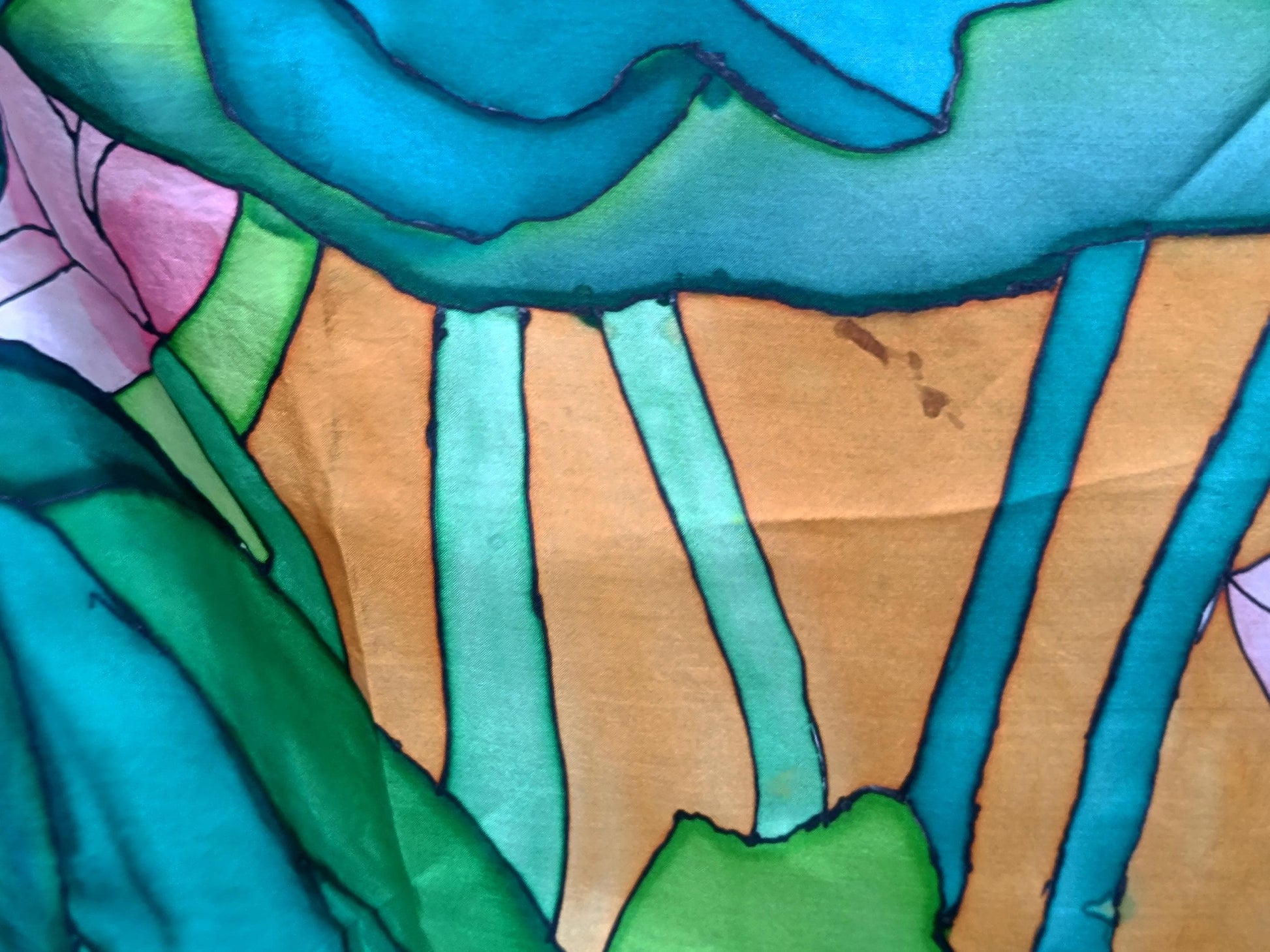 Vintage Hand-Painted Silk Scarf | Crane & Lotus Design | 90s Saffron Yellow with Black Border necktie | Unique Women's Statement Accessory