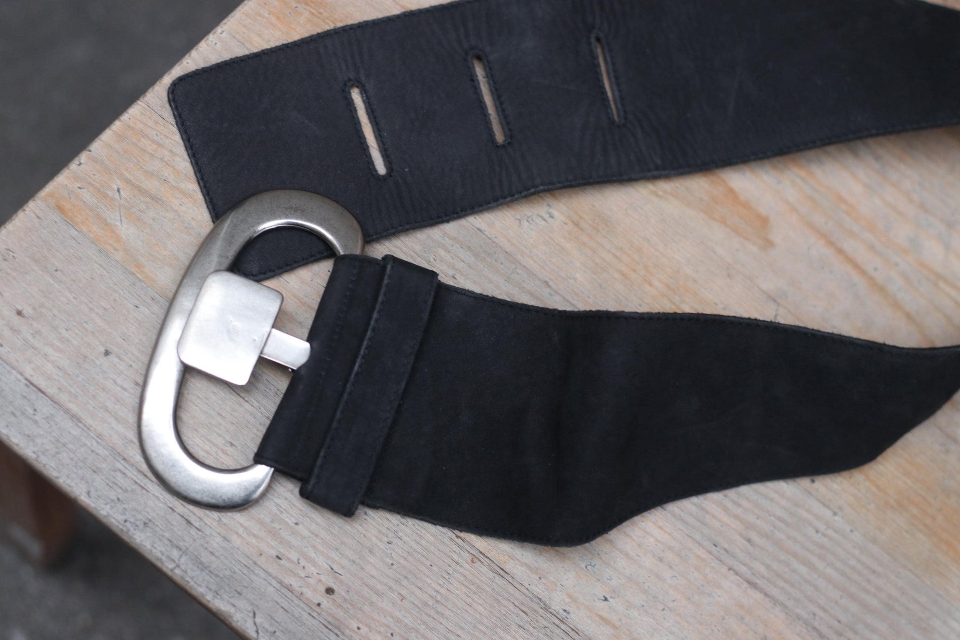 Vintage Marc Cain Black Leather Wide Belt with Bold Silver Buckle | 90s Retro Waist Belt for Women| Unique Statement Accessory