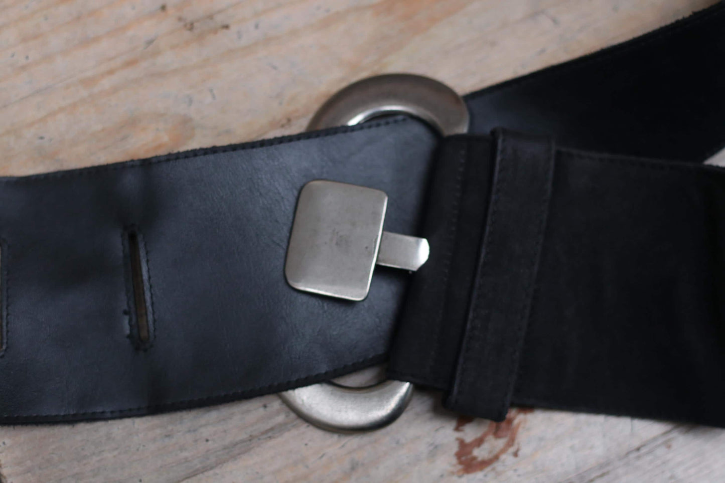 Vintage Marc Cain Black Leather Wide Belt with Bold Silver Buckle | 90s Retro Waist Belt for Women| Unique Statement Accessory