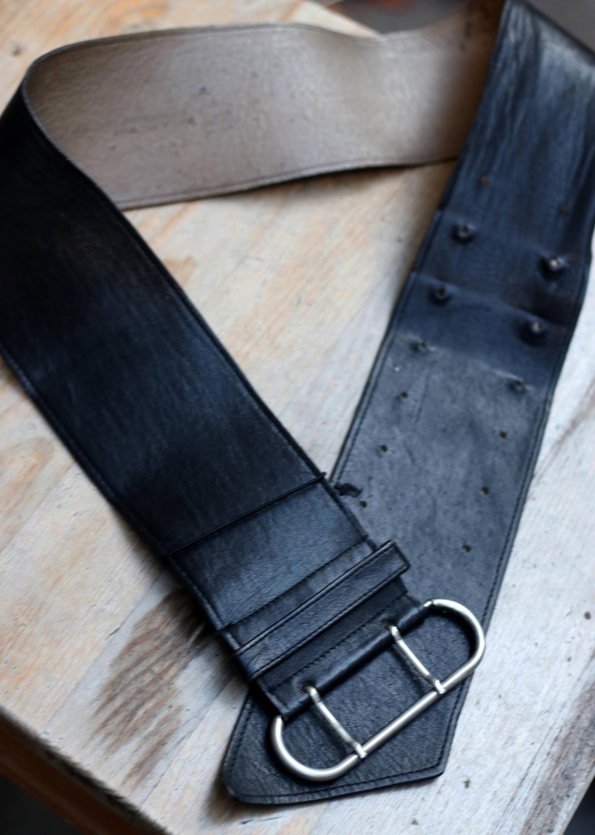 Vintage Leather Belt | 90s Black Wide Waist Belt | Women's Antique Silver Buckled Belt | Minimalist Structural Fashion Accessory