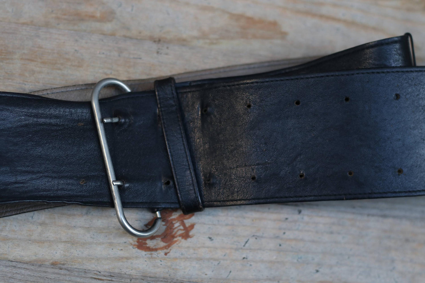 Vintage Leather Belt | 90s Black Wide Waist Belt | Women's Antique Silver Buckled Belt | Minimalist Structural Fashion Accessory