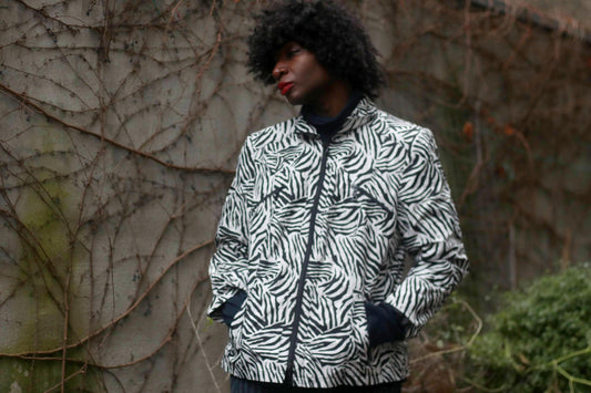 Zebra Print Jacket| 80s Monochrome Women's Lightweight Jacket| Atelier GS Sporty Animal Print Summer Coat| Black & White Zip Up Jacket