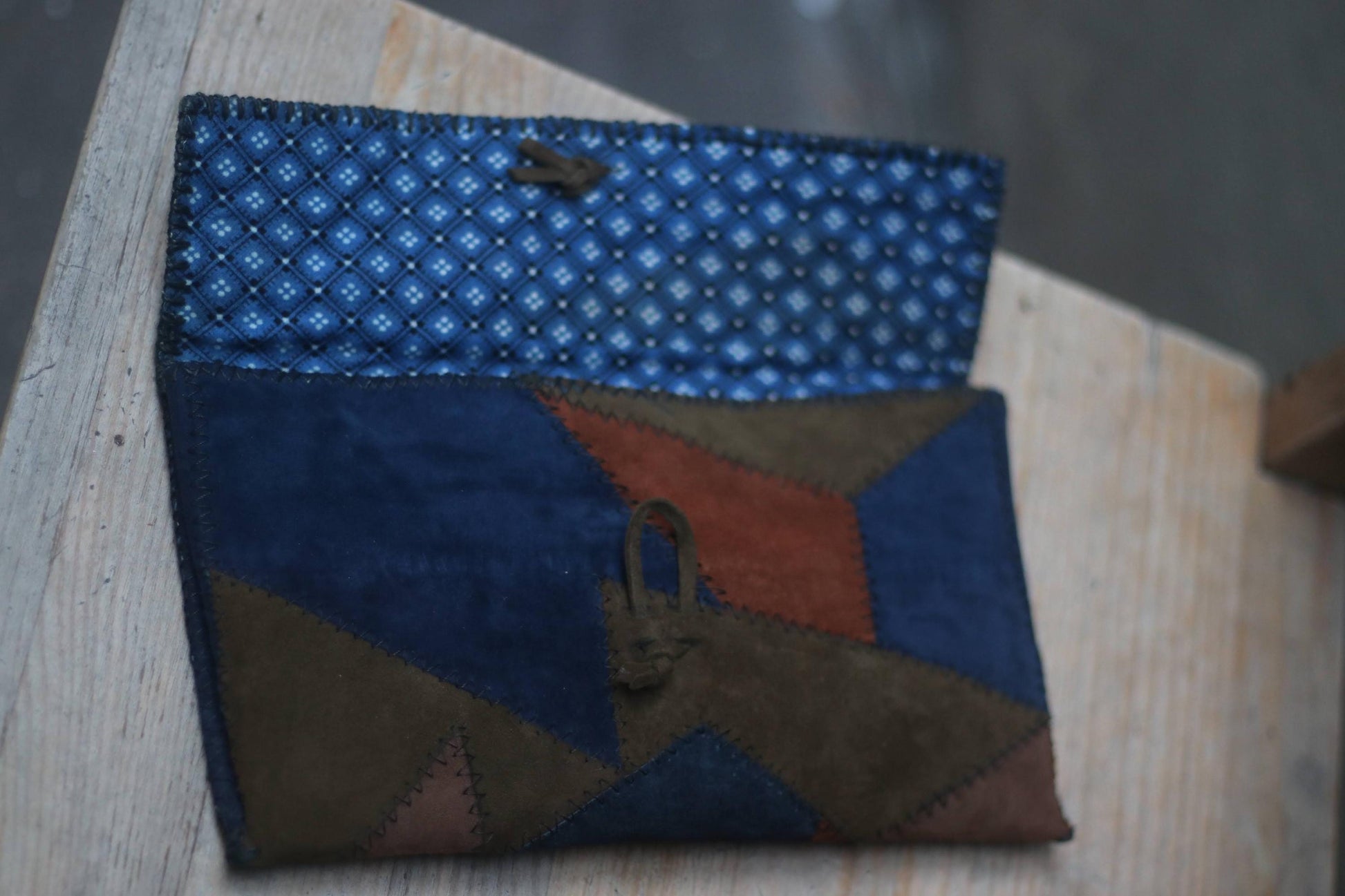 70s Vintage Suede Patchwork Clutch: Handmade Boho Mini Bag