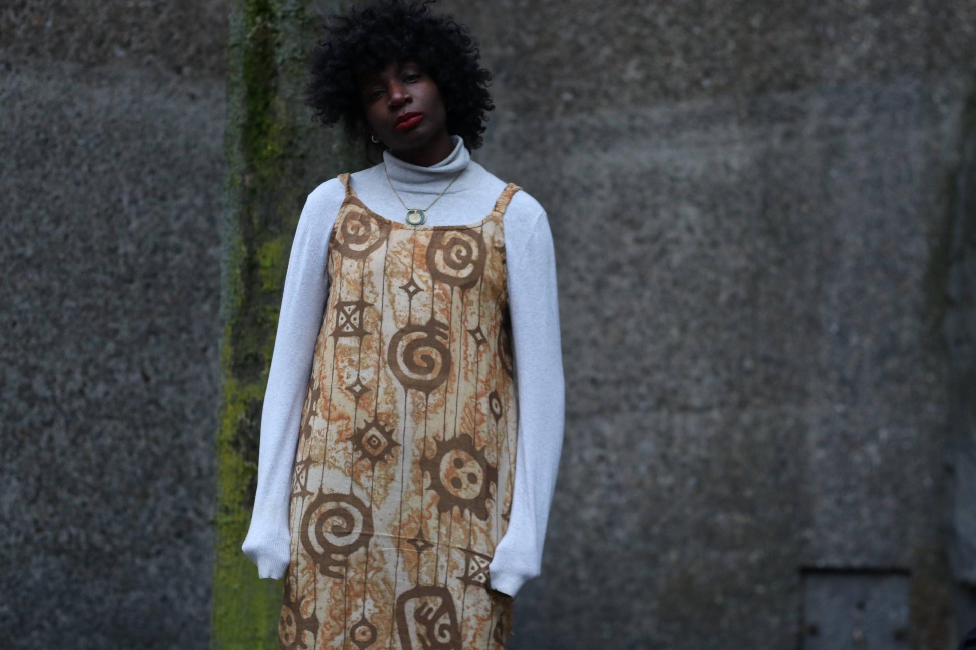 Vintage Handmade Ethno Print Sleeveless Dress| Women's Brown Abstract Print Boho Summer Dress