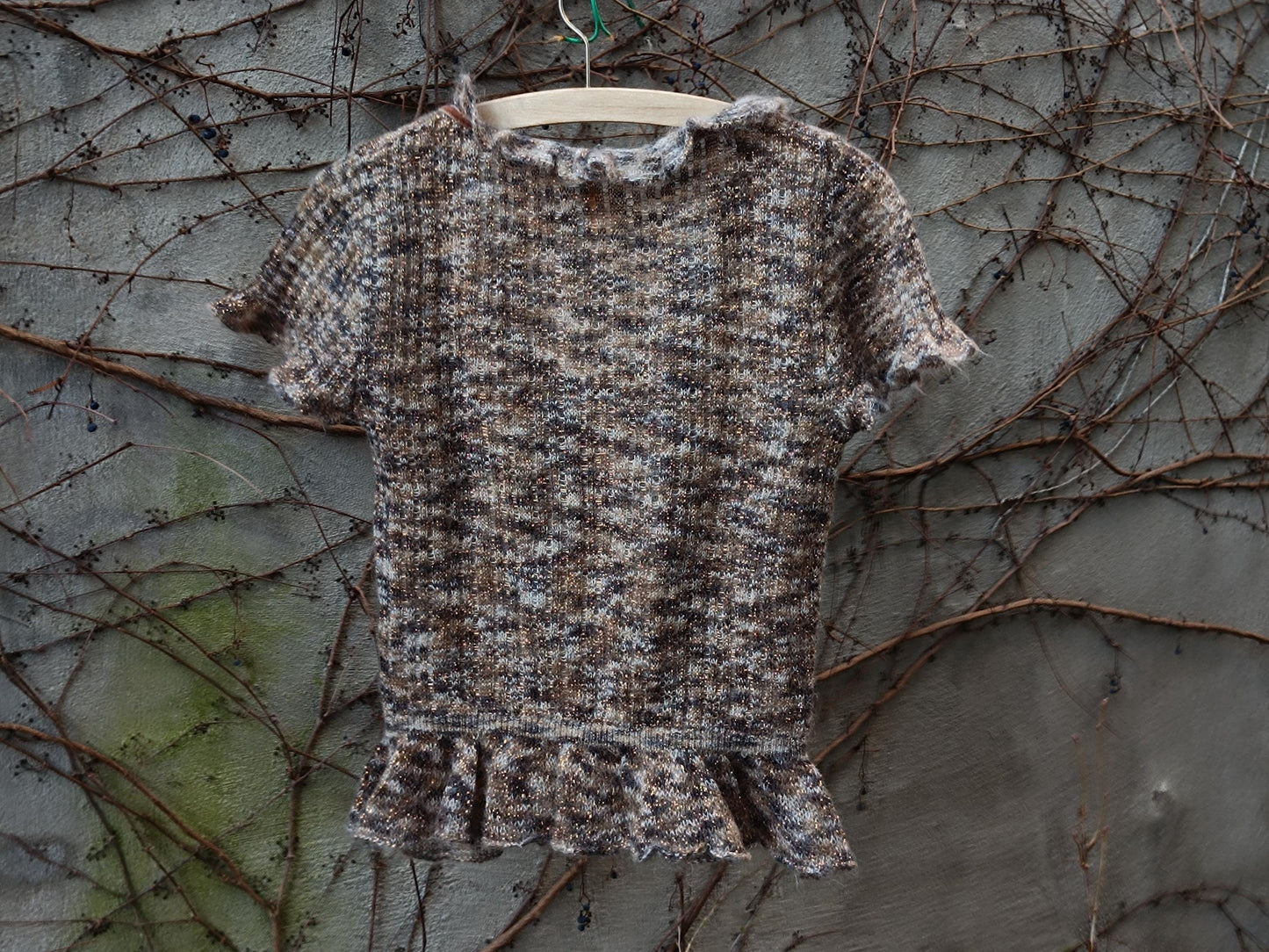 Fornarina Vintage Knit Blouse| Y2k Taupe Beige Ruffled Peplum Top| Women's Lace-Up, Cottagecore knitwear| Boho Chic Grunge Romantic Design