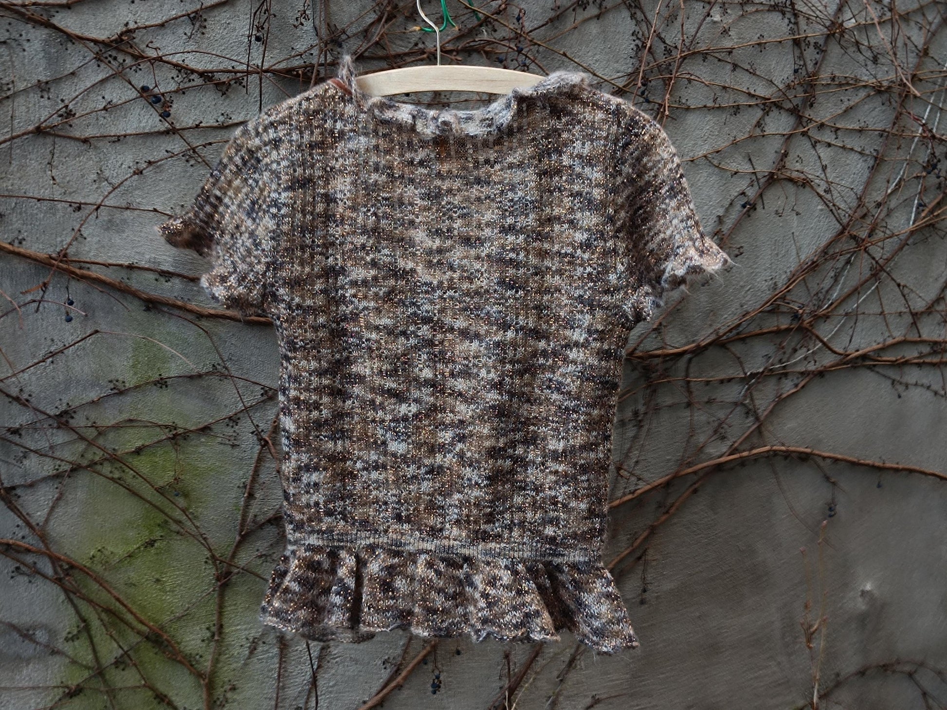 Fornarina Vintage Knit Blouse| Y2k Taupe Beige Ruffled Peplum Top| Women's Lace-Up, Cottagecore knitwear| Boho Chic Grunge Romantic Design