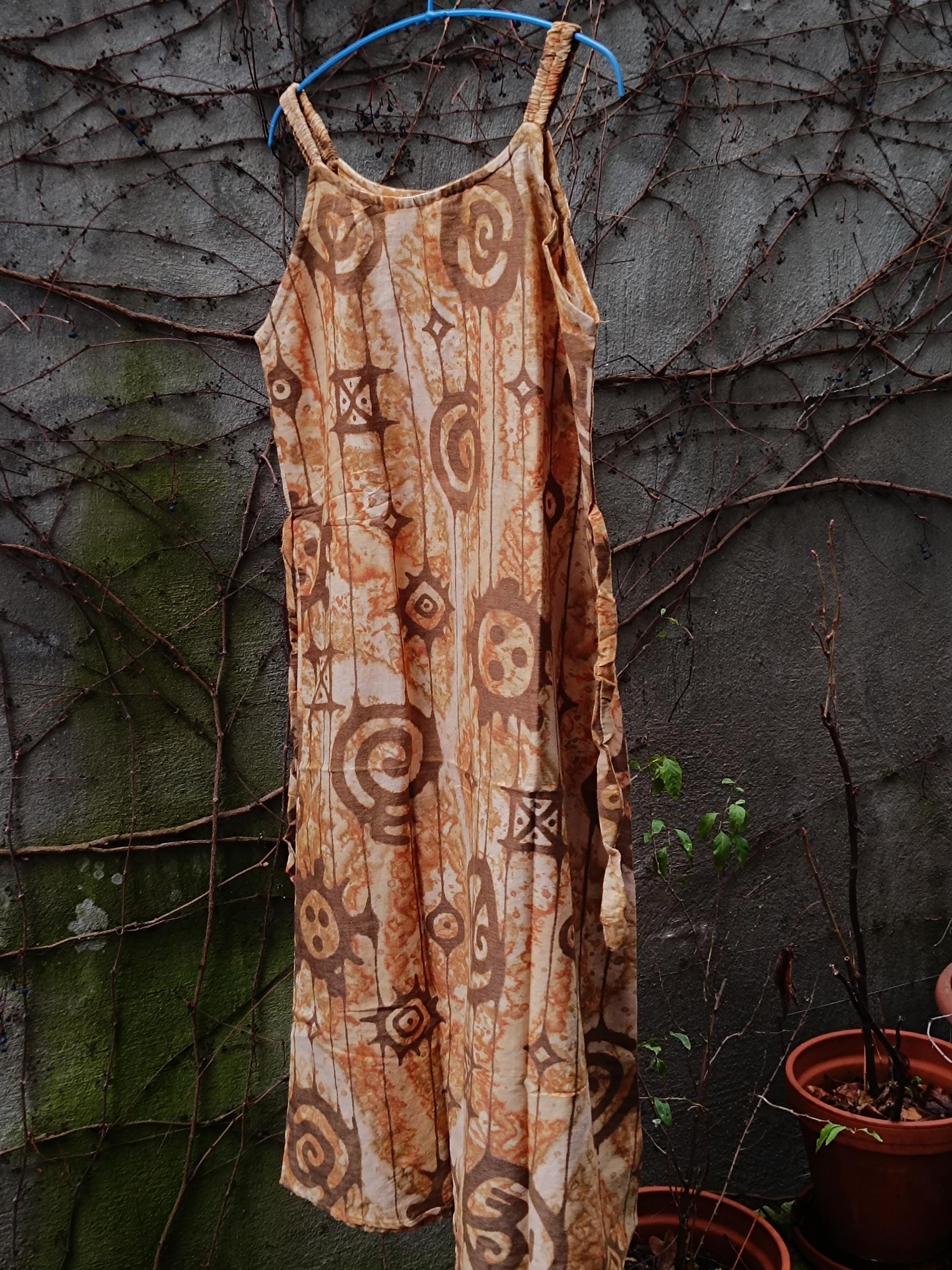 Vintage Handmade Ethno Print Sleeveless Dress| Women's Brown Abstract Print Boho Summer Dress