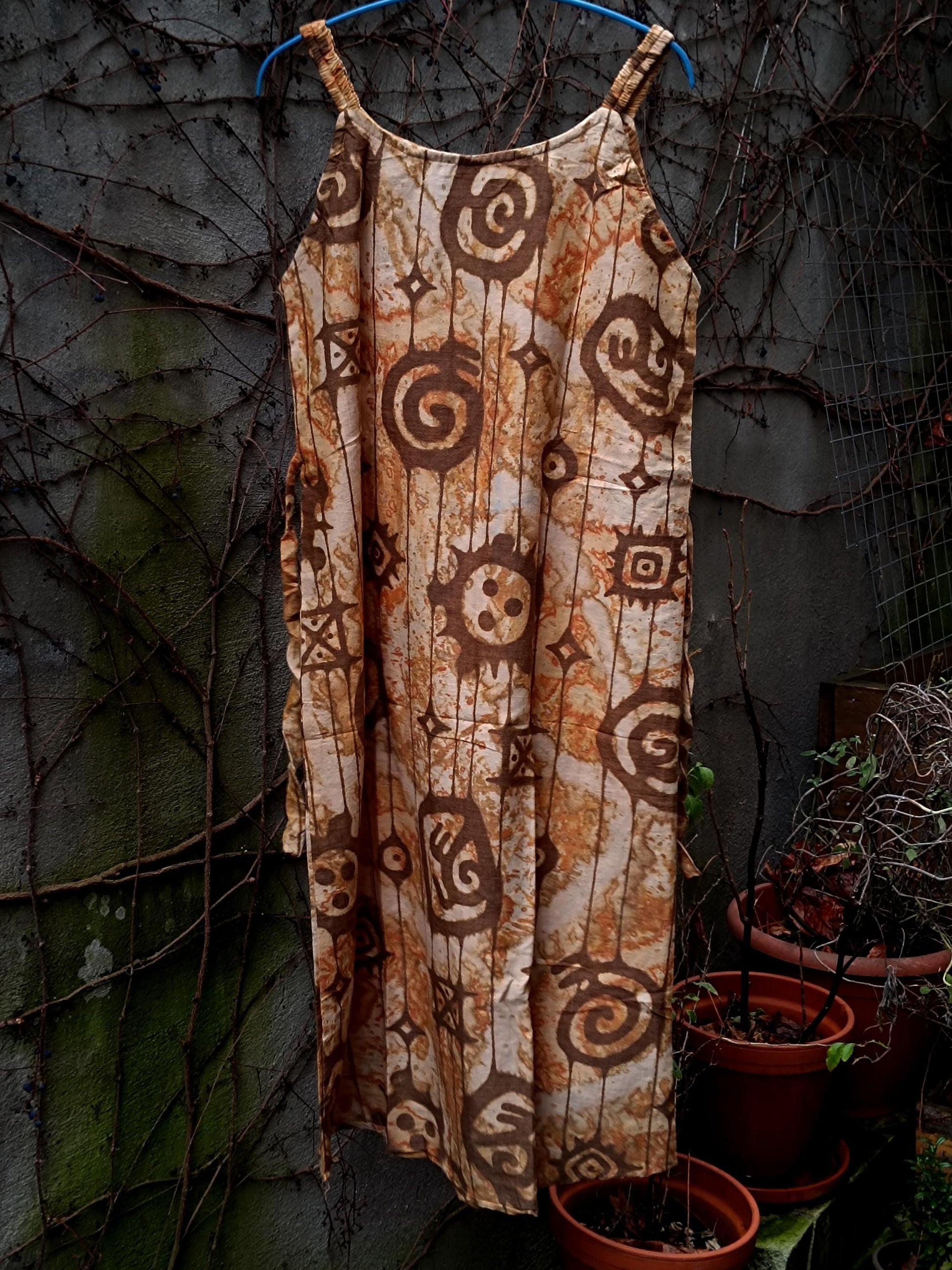 Vintage Handmade Ethno Print Sleeveless Dress| Women's Brown Abstract Print Boho Summer Dress