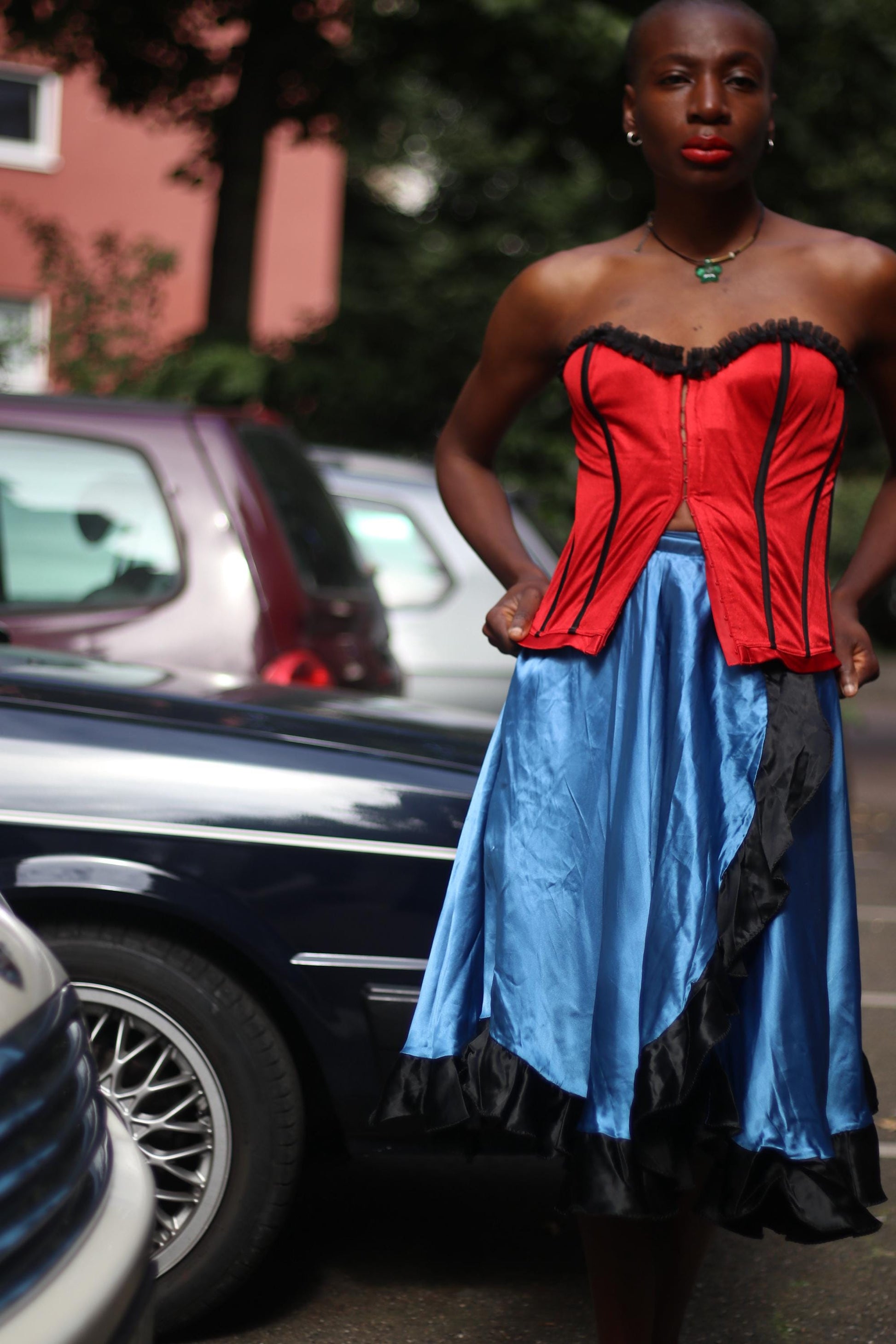 Electric Blue Satin Midi Skirt with Black Ruffle Hem – Gothic Glam Dancewear