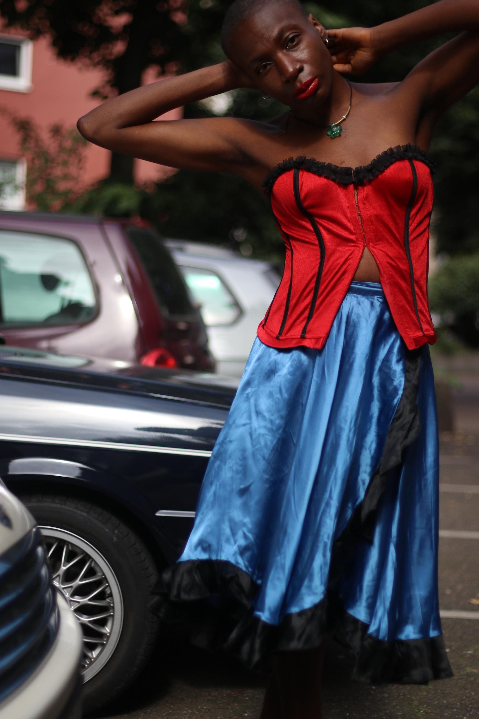 Electric Blue Satin Midi Skirt with Black Ruffle Hem – Gothic Glam Dancewear