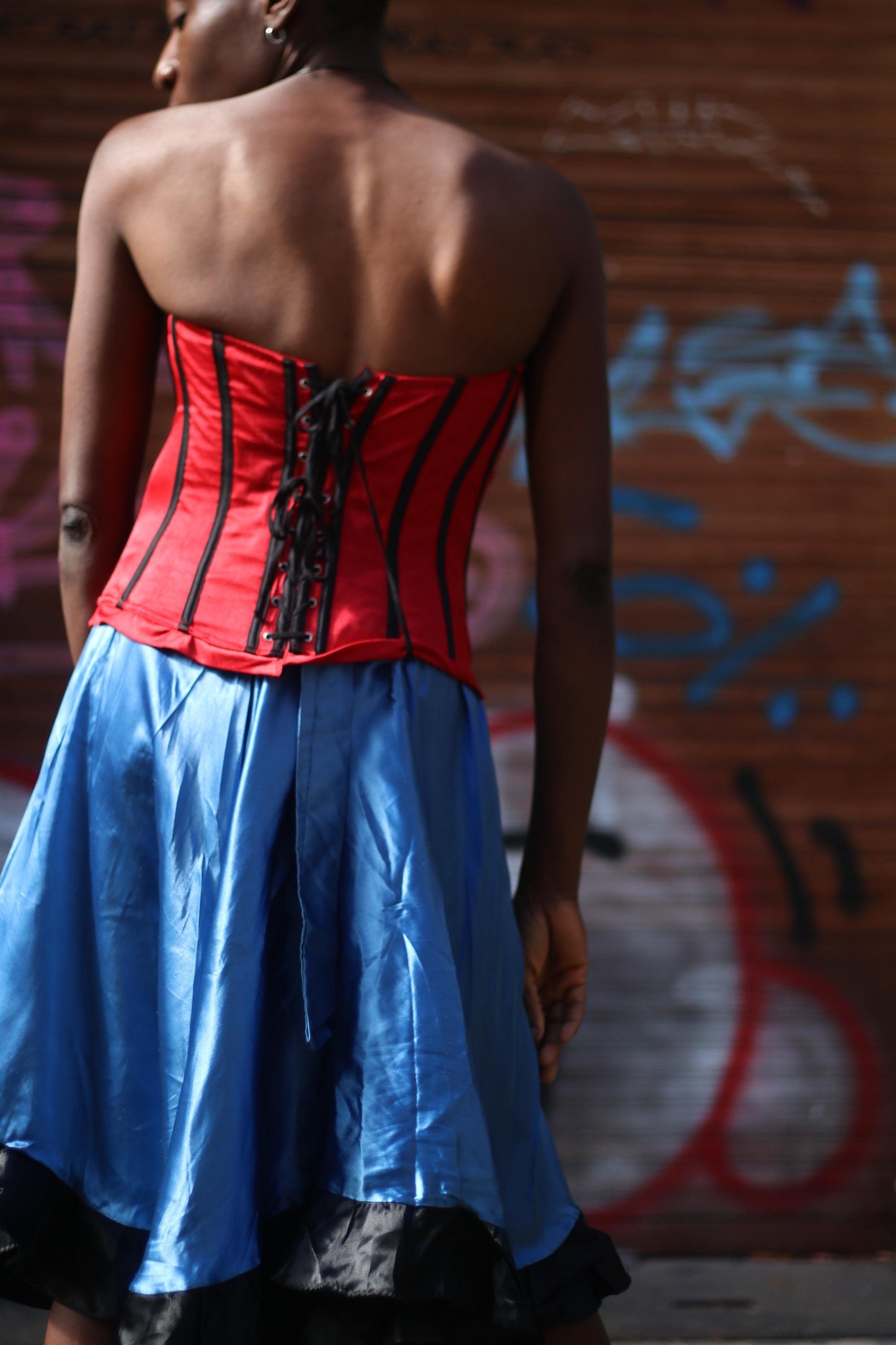Electric Blue Satin Midi Skirt with Black Ruffle Hem – Gothic Glam Dancewear