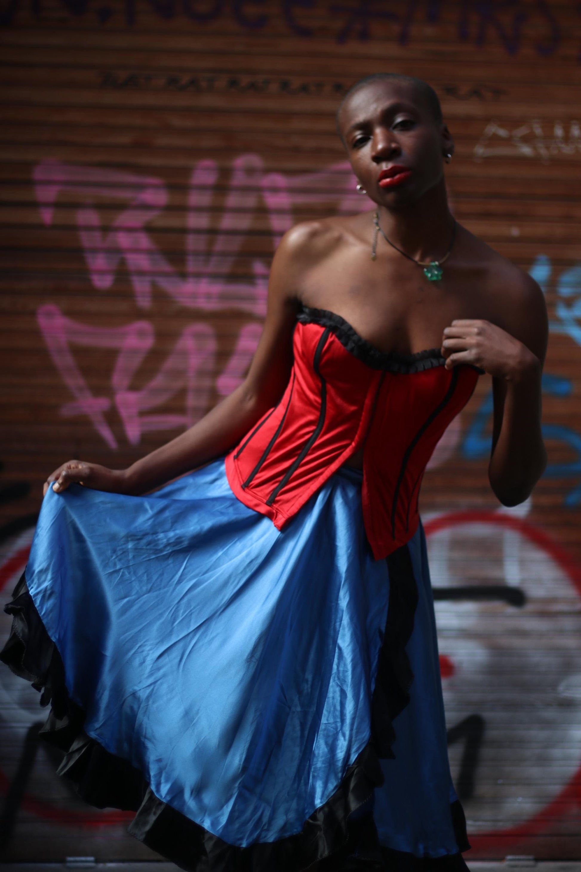 Electric Blue Satin Midi Skirt with Black Ruffle Hem – Gothic Glam Dancewear
