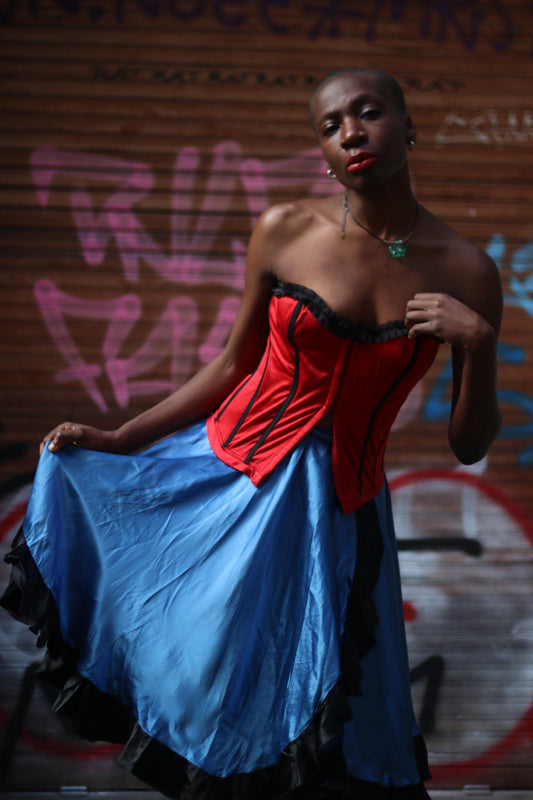 Electric Blue Satin Midi Skirt with Black Ruffle Hem – Gothic Glam Dancewear