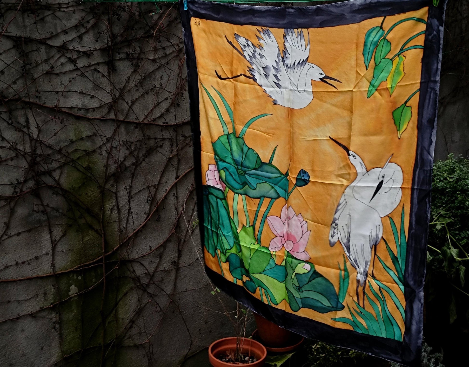 Vintage Hand-Painted Silk Scarf | Crane & Lotus Design | 90s Saffron Yellow with Black Border necktie | Unique Women's Statement Accessory