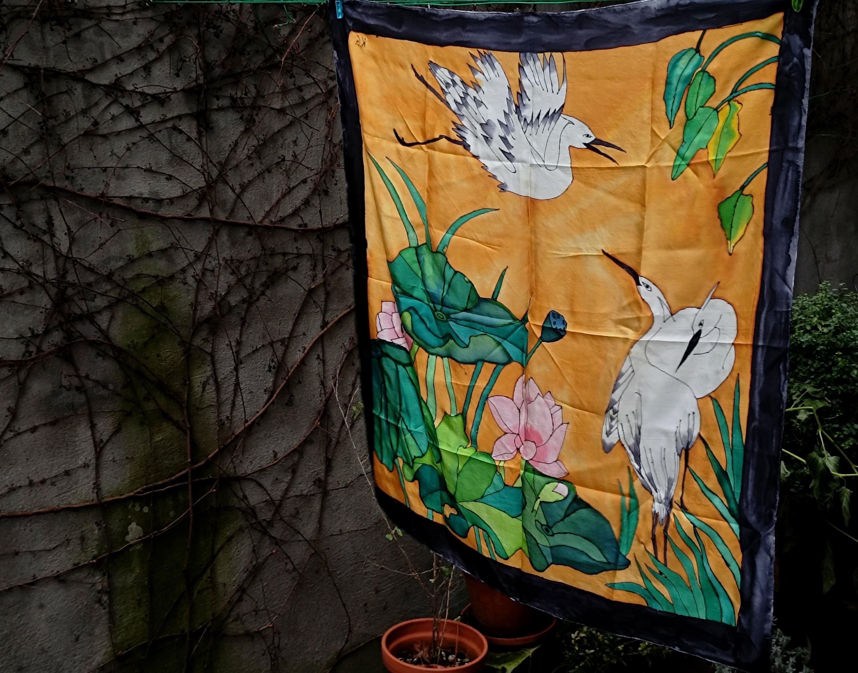 Vintage Hand-Painted Silk Scarf | Crane & Lotus Design | 90s Saffron Yellow with Black Border necktie | Unique Women's Statement Accessory