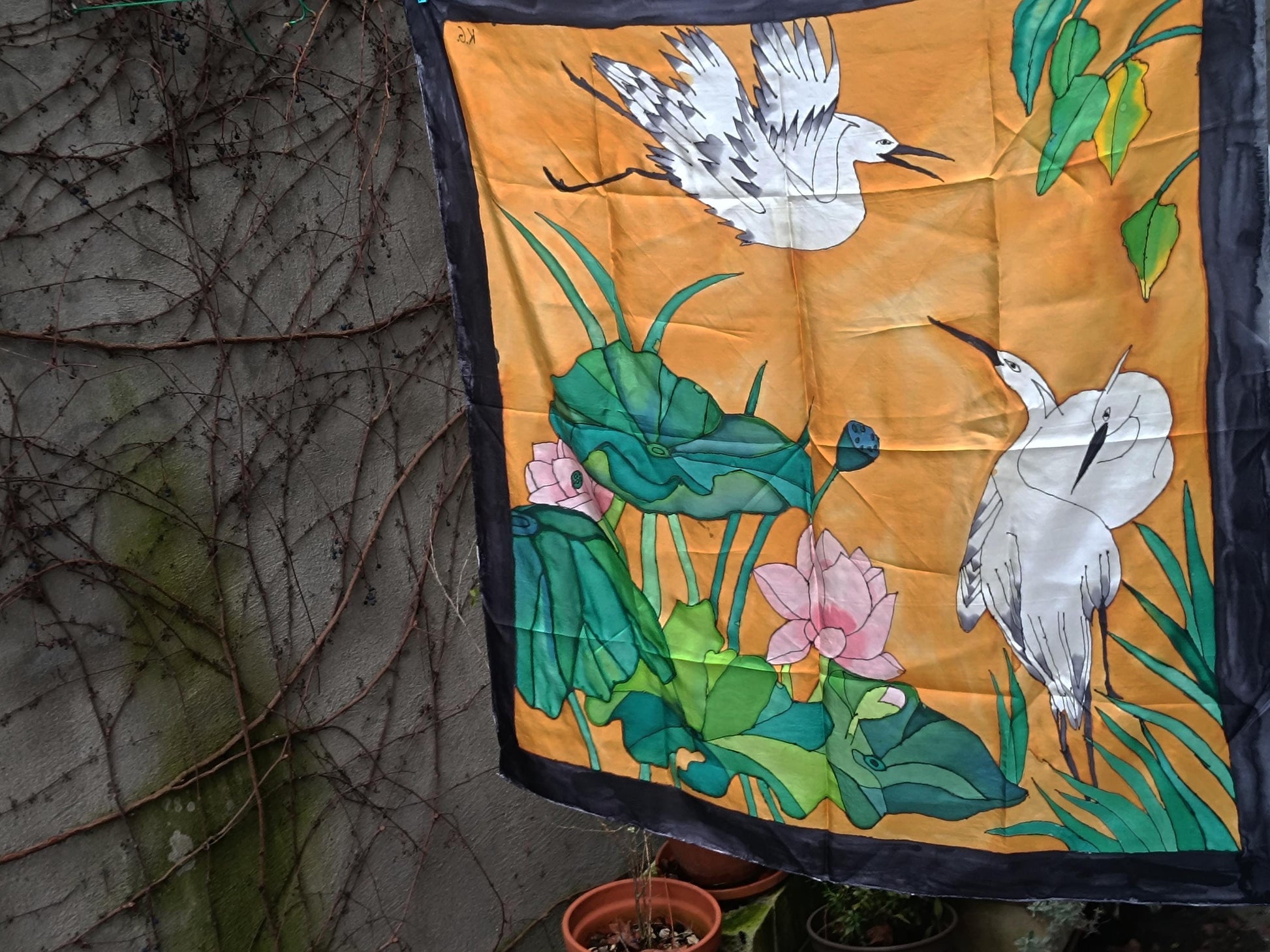Vintage Hand-Painted Silk Scarf | Crane & Lotus Design | 90s Saffron Yellow with Black Border necktie | Unique Women's Statement Accessory