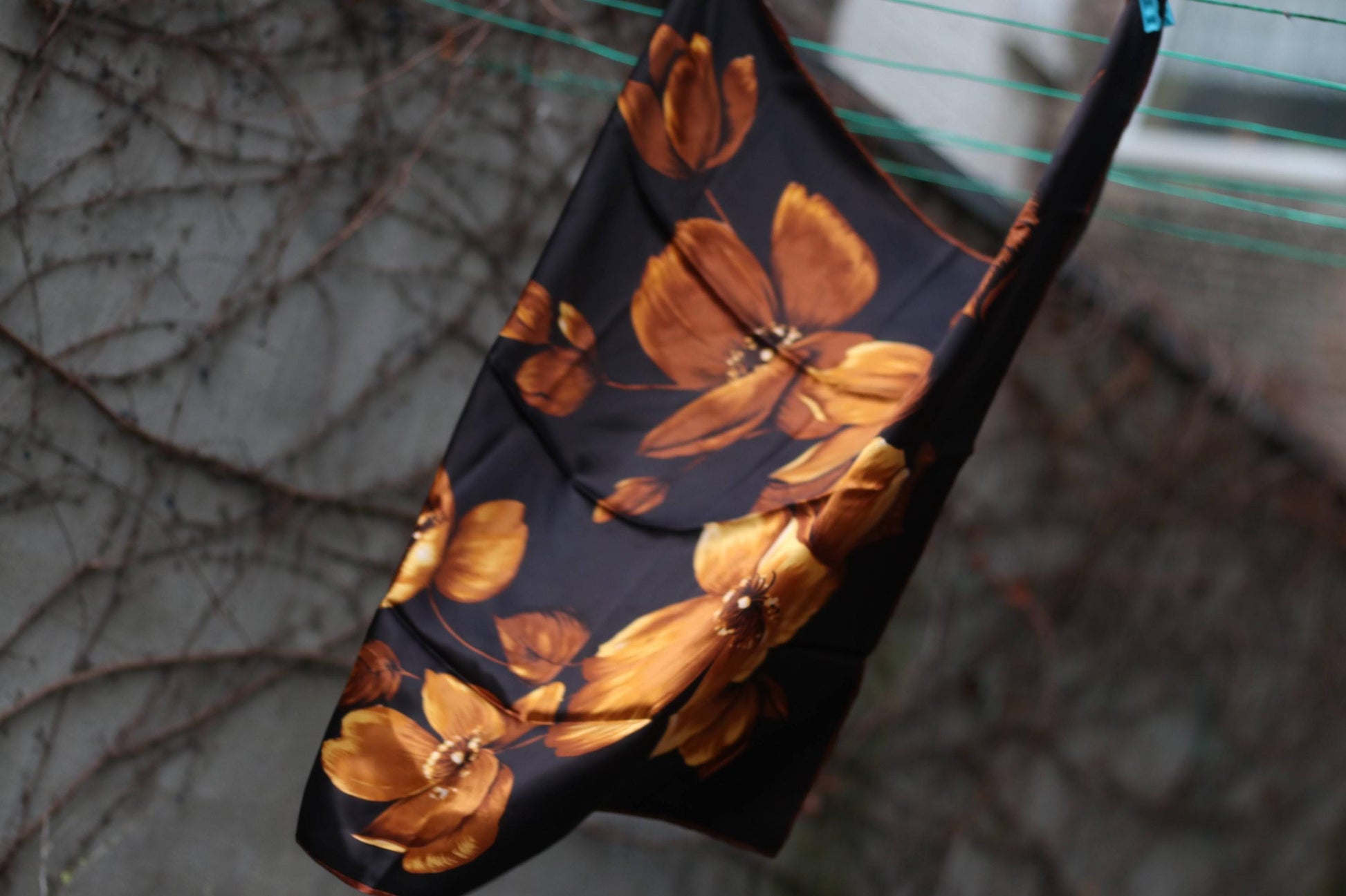 Vintage Floral Scarf| Golden Brown on Black Dark Academia Headscarf| 80s, lightweight Parisian Chic Old Hollywood Style