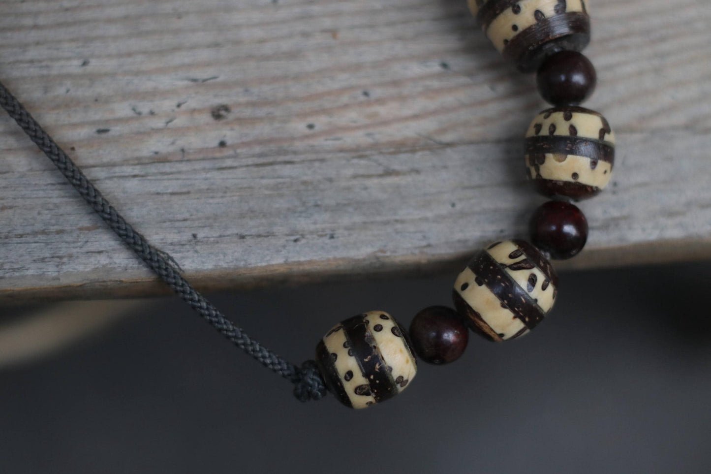 Vintage Handmade Beaded Necklace | Boho Tribal Jewelry| Ivory & Brown Artisan Striped Beads| 70s Ethnic Retro Necklace| Festival Accessory