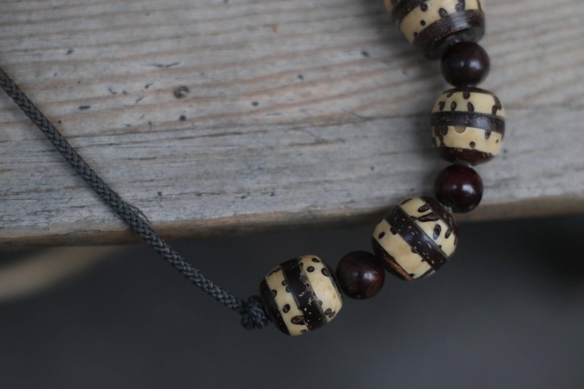Vintage Handmade Beaded Necklace | Boho Tribal Jewelry| Ivory & Brown Artisan Striped Beads| 70s Ethnic Retro Necklace| Festival Accessory