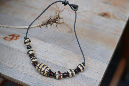 Vintage Handmade Beaded Necklace | Boho Tribal Jewelry| Ivory & Brown Artisan Striped Beads| 70s Ethnic Retro Necklace| Festival Accessory