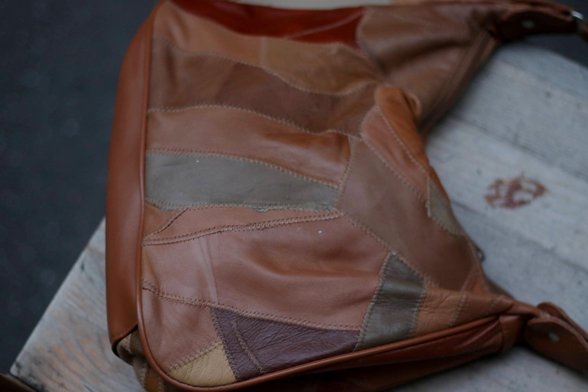 Vintage Patchwork Leather Hobo Bag | 70s Slouchy Boho Purse | Retro Brown Shoulder Bag | Handmade Festival Style | Earthy Tones Accessory