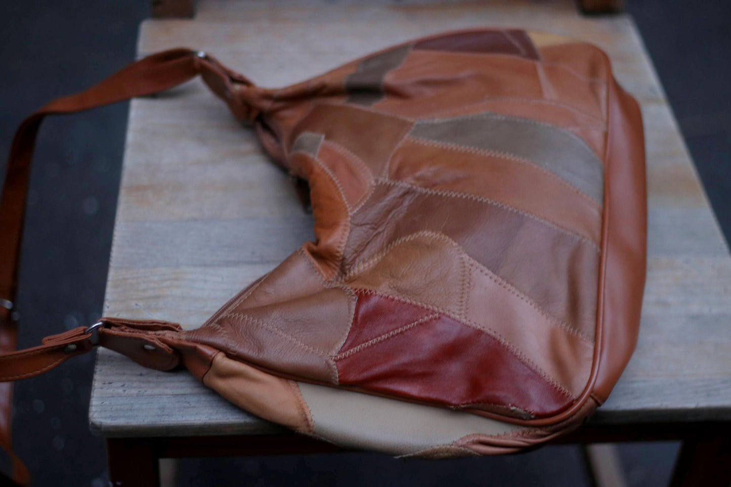 Vintage Patchwork Leather Hobo Bag | 70s Slouchy Boho Purse | Retro Brown Shoulder Bag | Handmade Festival Style | Earthy Tones Accessory