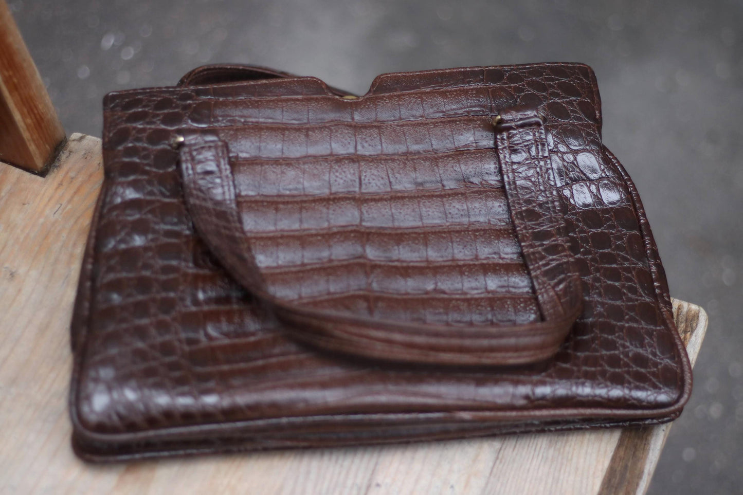 Vintage Brown Croc-Embossed Leather Bag | Retro Structured Handbag | Parisian Chic | Work Tote |Classic Aesthetic | Timeless Statement