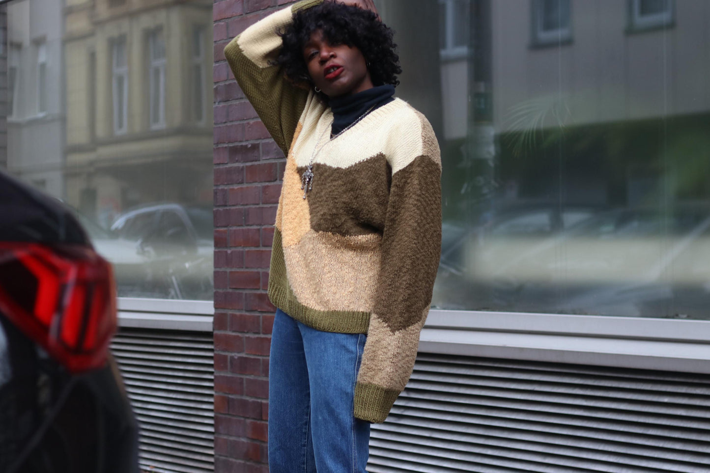 70s Handmade Chunky Knit Sweater| Vintage Earthy Color Block Long-Sleeved Knit for Women Size S-M | Boho Jumper