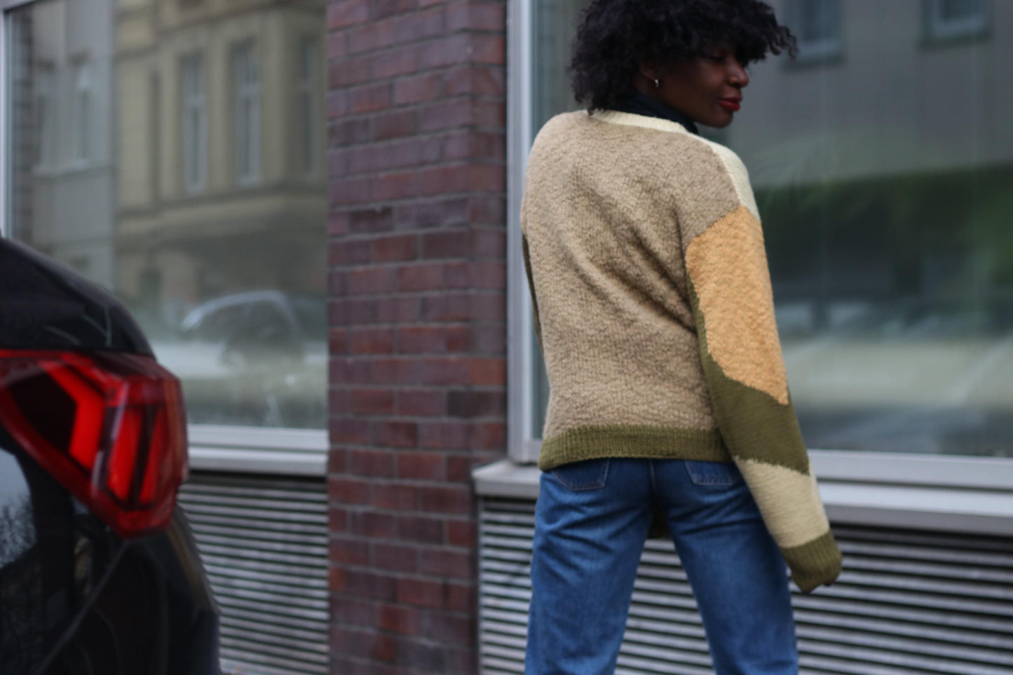 70s Handmade Chunky Knit Sweater| Vintage Earthy Color Block Long-Sleeved Knit for Women Size S-M | Boho Jumper