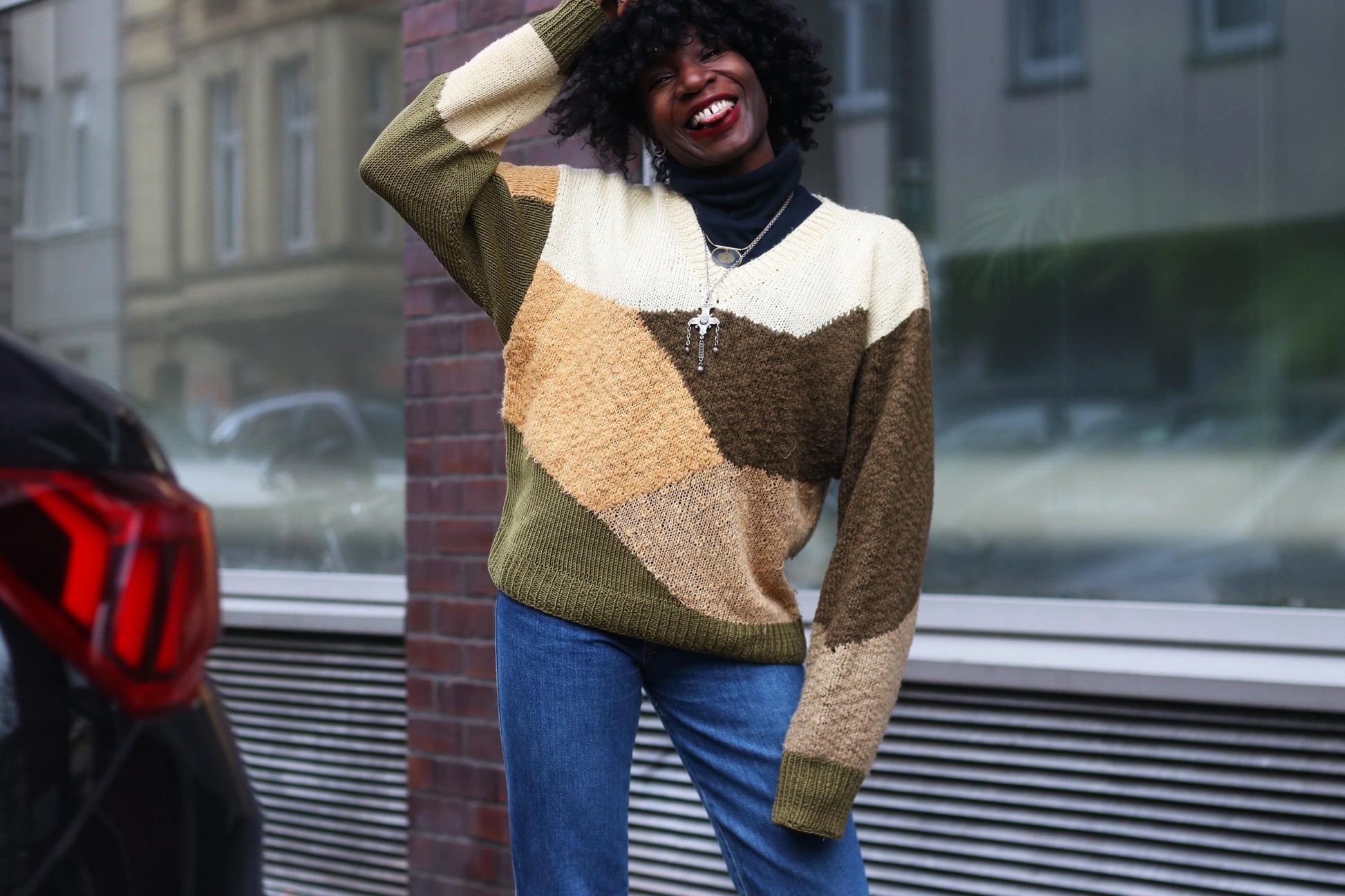 70s Handmade Chunky Knit Sweater| Vintage Earthy Color Block Long-Sleeved Knit for Women Size S-M | Boho Jumper