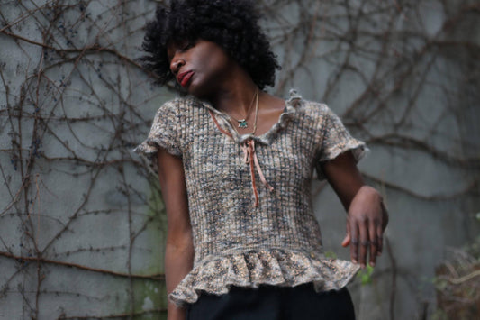 Fornarina Vintage Knit Blouse| Y2k Taupe Beige Ruffled Peplum Top| Women's Lace-Up, Cottagecore knitwear| Boho Chic Grunge Romantic Design