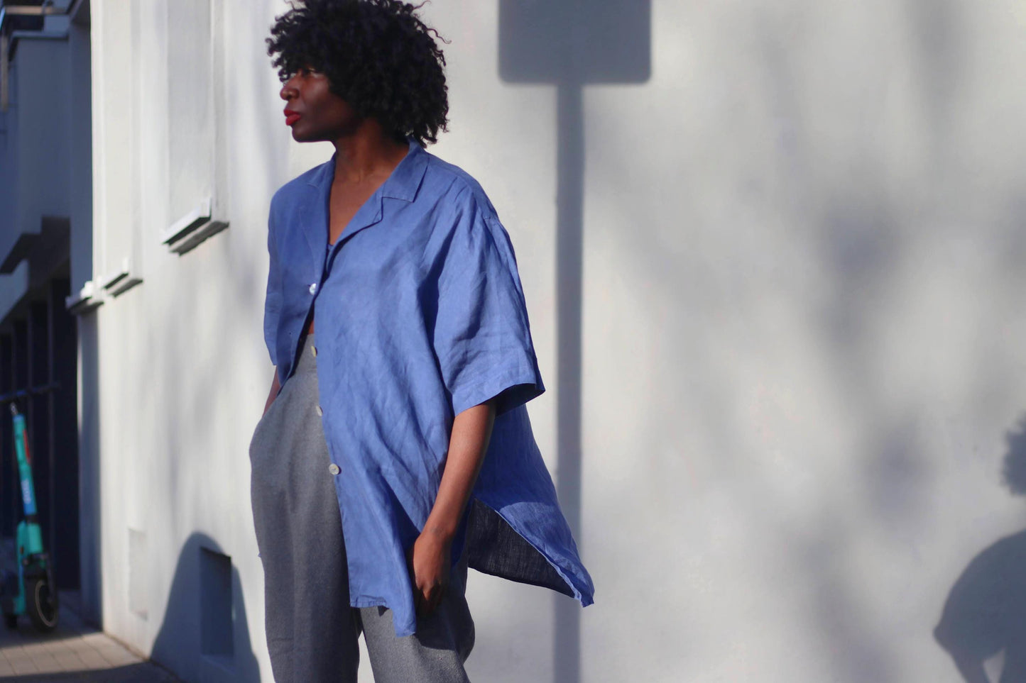 90s Linen Blouse| Vintage Einhorn Blue Oversized Women's Blouse| Minimalist Lightweight Summer Short-Sleeved Shirt