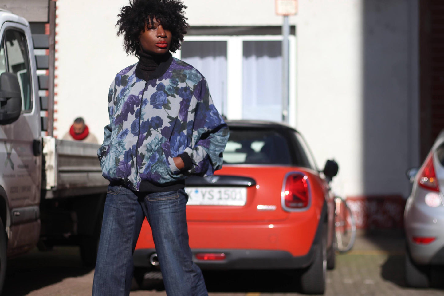 Y2K Floral Print Bomber Jacket| Vintage Women's Blue Maximalist lightweight Outerwear
